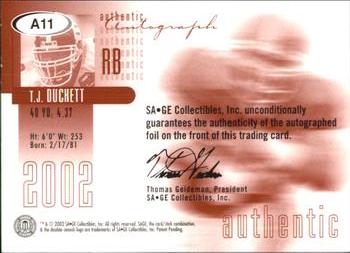 2002 SAGE - Autographs Red #A11 T.J. Duckett Back