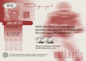 2002 SAGE - Autographs Red #A15 Jabar Gaffney Back