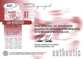 2002 SAGE - Autographs Red #A21 John Henderson Back