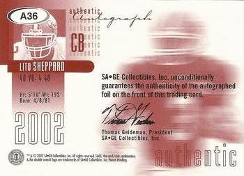 2002 SAGE - Autographs Red #A36 Lito Sheppard Back