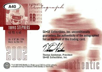 2002 SAGE - Autographs Red #A40 Travis Stephens Back