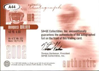 2002 SAGE - Autographs Red #A44 Marquise Walker Back