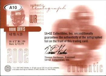 2002 SAGE - Autographs Silver #A10 Andre Davis Back