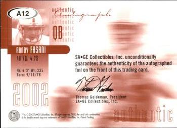 2002 SAGE - Autographs Silver #A12 Randy Fasani Back
