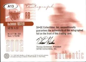 2002 SAGE - Autographs Silver #A13 DeShaun Foster Back