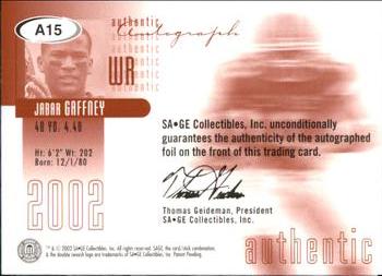 2002 SAGE - Autographs Silver #A15 Jabar Gaffney Back