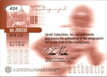 2002 SAGE - Autographs Silver #A24 Ron Johnson Back