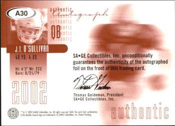 2002 SAGE - Autographs Silver #A30 J.T. O'Sullivan Back