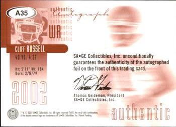 2002 SAGE - Autographs Silver #A35 Cliff Russell Back