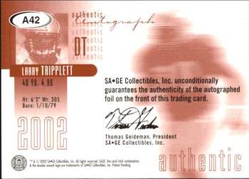 2002 SAGE - Autographs Silver #A42 Larry Tripplett Back