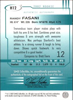 2002 SAGE HIT - Autographs Emerald #H12 Randy Fasani Back