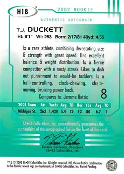 2002 SAGE HIT - Autographs Emerald #H18 T.J. Duckett Back