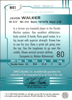 2002 SAGE HIT - Autographs Emerald #H41 Javon Walker Back