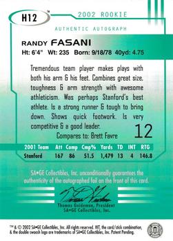 2002 SAGE HIT - Autographs Gold #H12 Randy Fasani Back