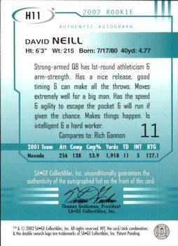 2002 SAGE HIT - Autographs Rarefied Gold #H11 David Neill Back