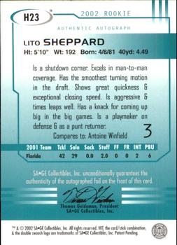 2002 SAGE HIT - Autographs Rarefied Gold #H23 Lito Sheppard Back