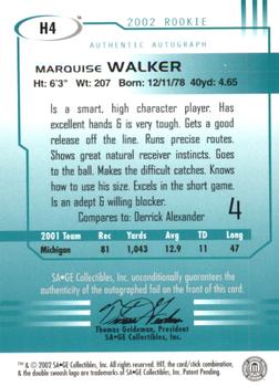 2002 SAGE HIT - Autographs Silver #H4 Marquise Walker Back