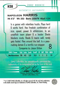 2002 SAGE HIT - Autographs Silver #H38 Napoleon Harris Back