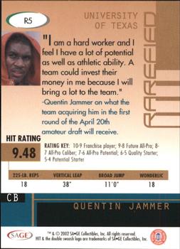 2002 SAGE HIT - Rarefied Silver #R5 Quentin Jammer Back