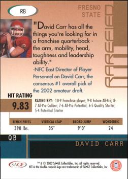2002 SAGE HIT - Rarefied Silver #R8 David Carr Back