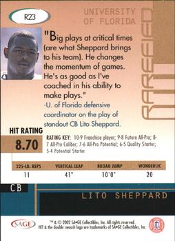 2002 SAGE HIT - Rarefied Silver #R23 Lito Sheppard Back