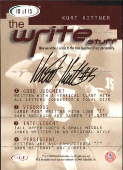 2002 SAGE HIT - Write Stuff #10 Kurt Kittner Back