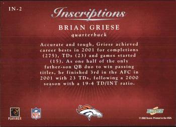 2002 Score - Inscriptions #IN-2 Brian Griese Back