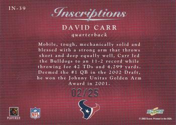 2002 Score - Inscriptions Personalized #IN-39 David Carr Back