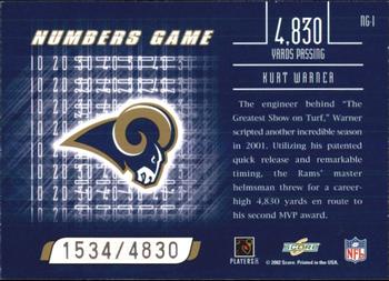 2002 Score - Numbers Game #NG-1 Kurt Warner Back