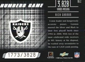 2002 Score - Numbers Game #NG-2 Rich Gannon Back