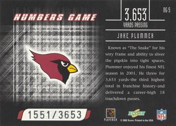 2002 Score - Numbers Game #NG-5 Jake Plummer Back