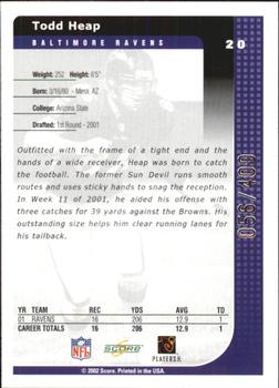 2002 Score - Scorecard #20 Todd Heap Back