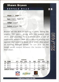 2002 Score - Scorecard #28 Shawn Bryson Back