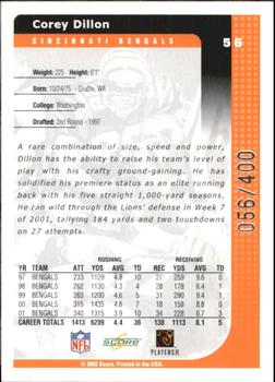 2002 Score - Scorecard #56 Corey Dillon Back