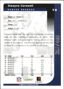 2002 Score - Scorecard #78 Dwayne Carswell Back