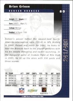 2002 Score - Scorecard #80 Brian Griese Back