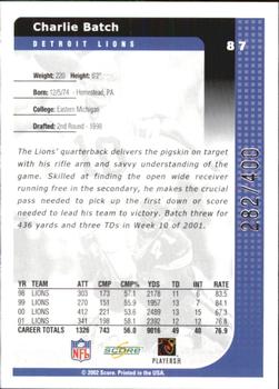 2002 Score - Scorecard #87 Charlie Batch Back