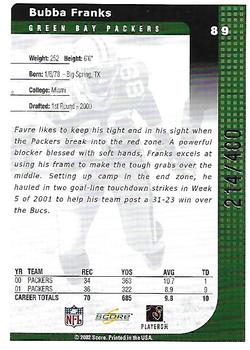 2002 Score - Scorecard #89 Bubba Franks Back