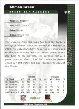 2002 Score - Scorecard #92 Ahman Green Back