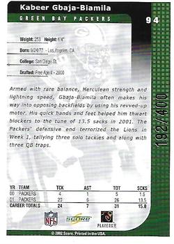 2002 Score - Scorecard #94 Kabeer Gbaja-Biamila Back