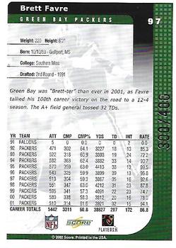 2002 Score - Scorecard #97 Brett Favre Back