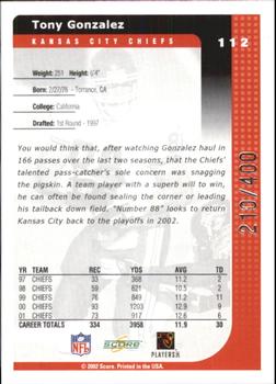 2002 Score - Scorecard #112 Tony Gonzalez Back