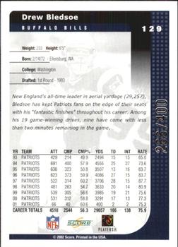 2002 Score - Scorecard #129 Drew Bledsoe Back