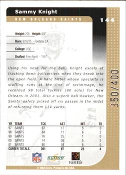 2002 Score - Scorecard #144 Sammy Knight Back