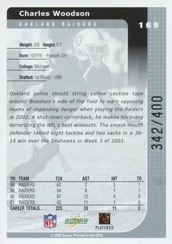 2002 Score - Scorecard #169 Charles Woodson Back