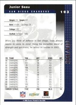 2002 Score - Scorecard #193 Junior Seau Back