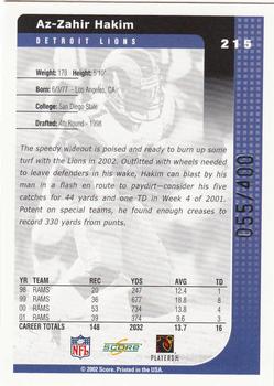 2002 Score - Scorecard #215 Az-Zahir Hakim Back