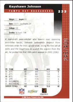 2002 Score - Scorecard #233 Keyshawn Johnson Back