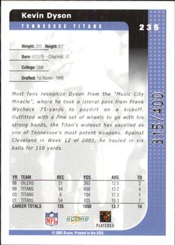 2002 Score - Scorecard #235 Kevin Dyson Back