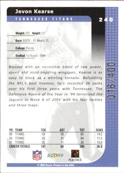 2002 Score - Scorecard #240 Jevon Kearse Back